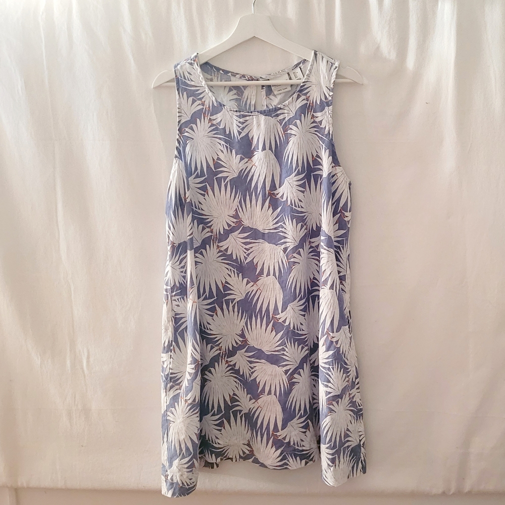 100% Linen Botanical Print Sleeveless Blue Shift Dress Pockets
